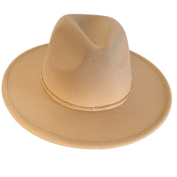 Camel Tan Felt Gold Tone Chain Band Fedora Hat NWT main image 5